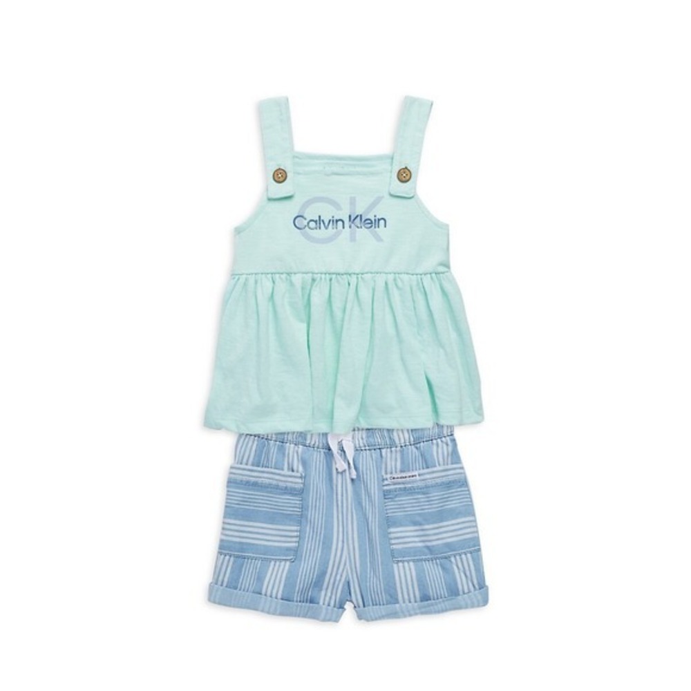 Calvin Klein Baby Girls Babydoll Top and Denim Shorts 2 Piece Set - Blue -‎ 12M